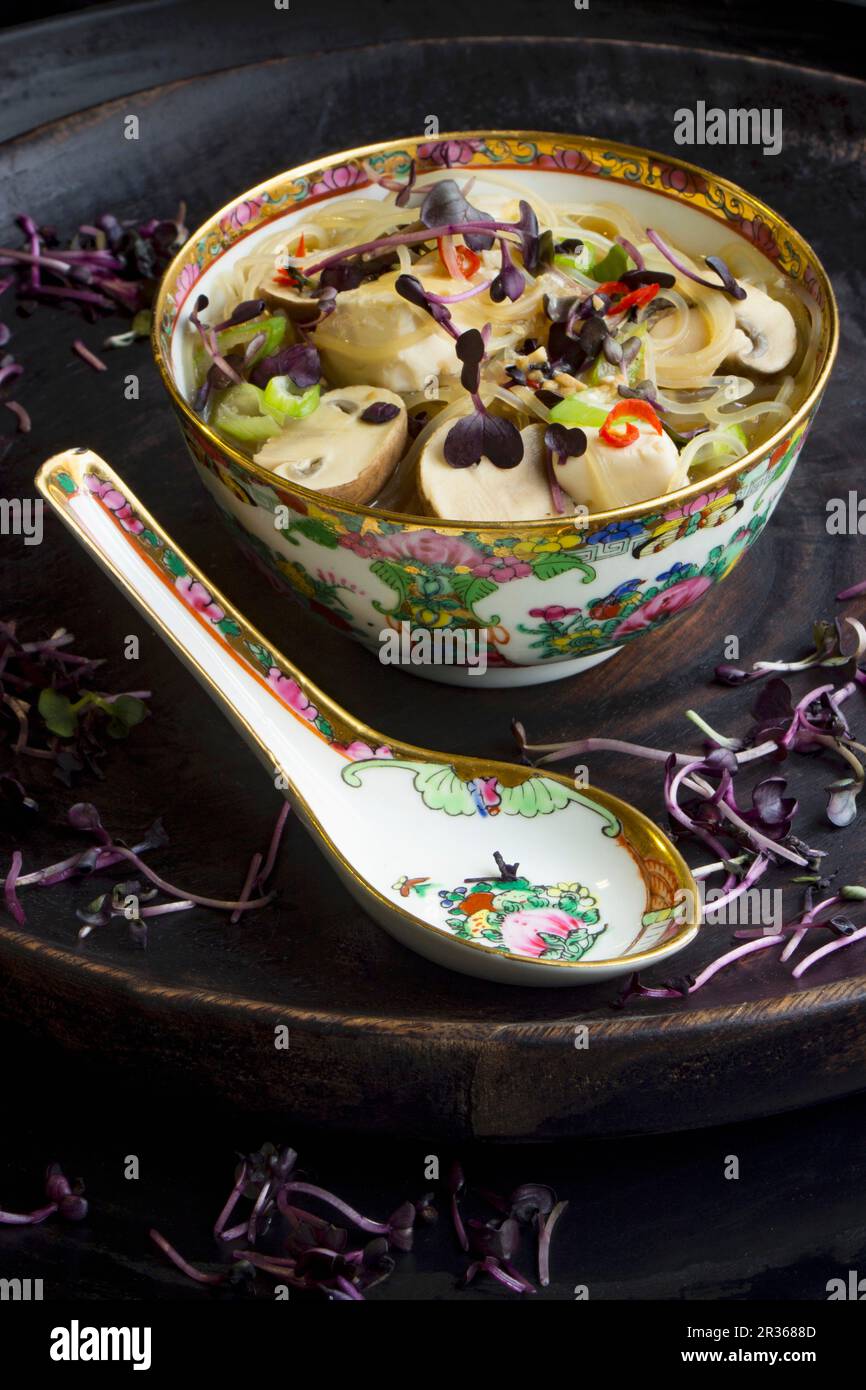 Glass noodle soup with radish sprouts and chilli rings (China) Stock Photo