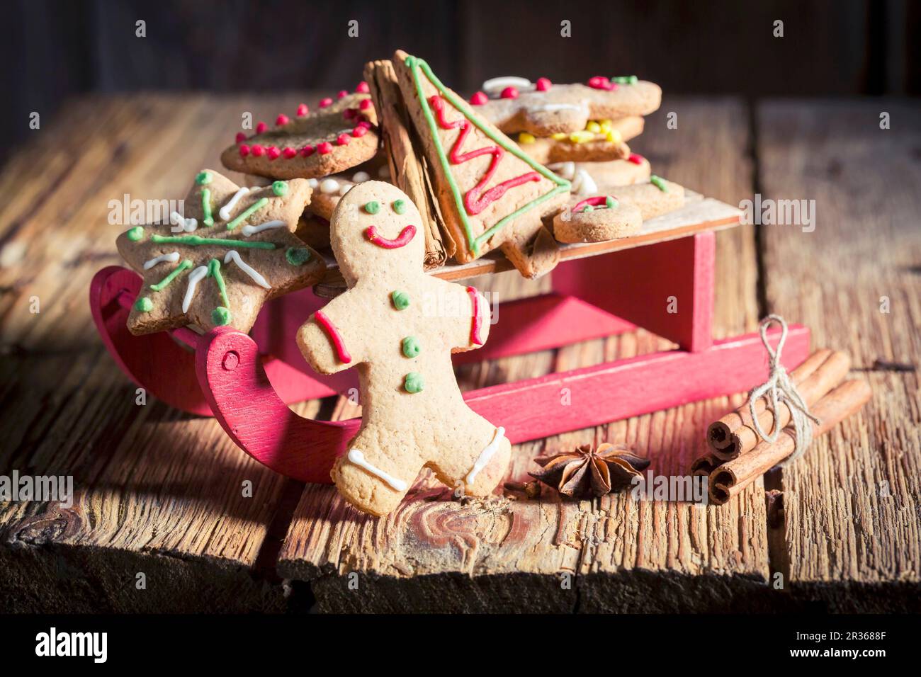 Gingerbread biscuits on a sleigh for Christmas Stock Photo