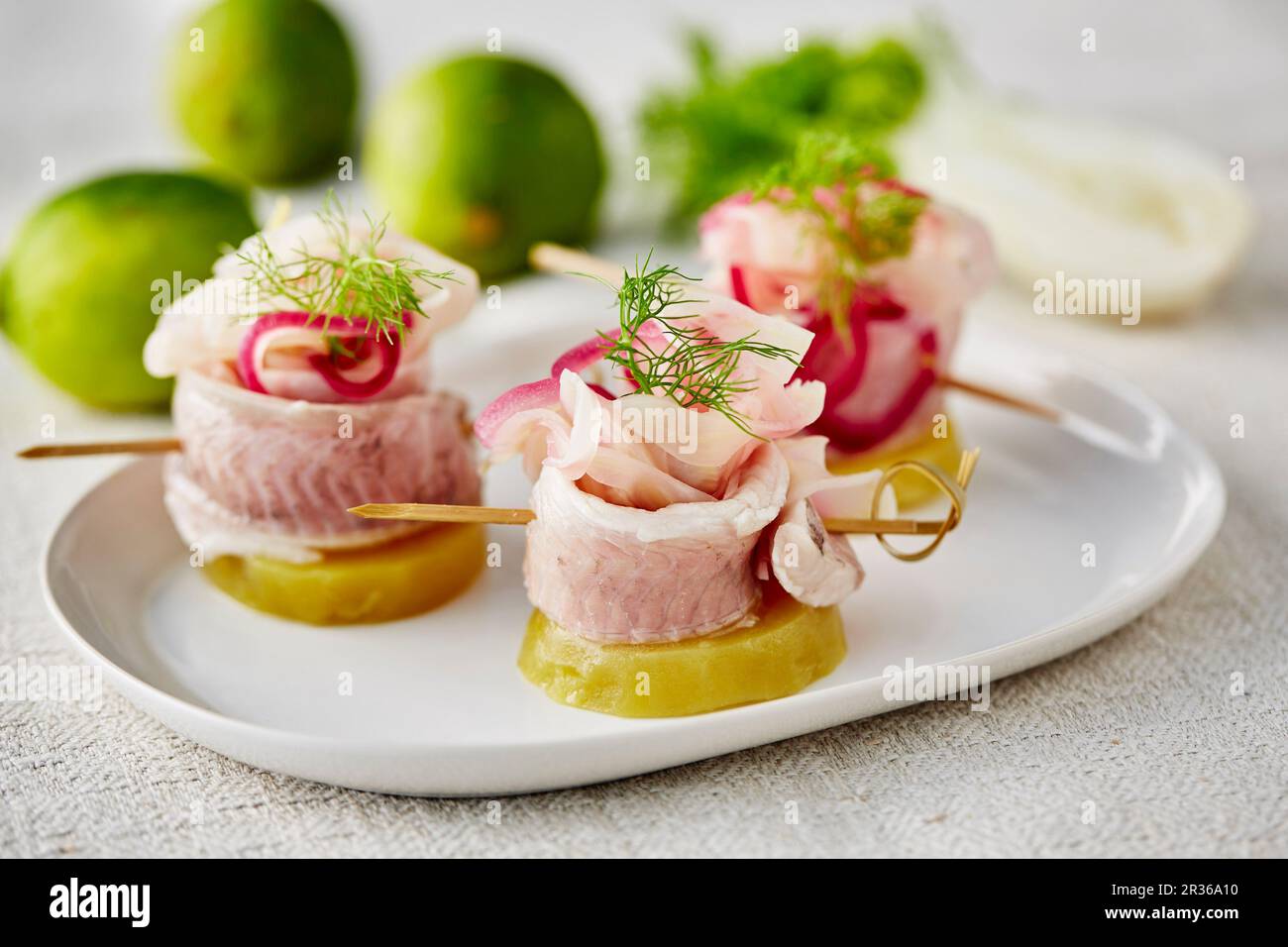Rollmop herring ceviche marinated in lime juice with a fennel salad and red onions Stock Photo