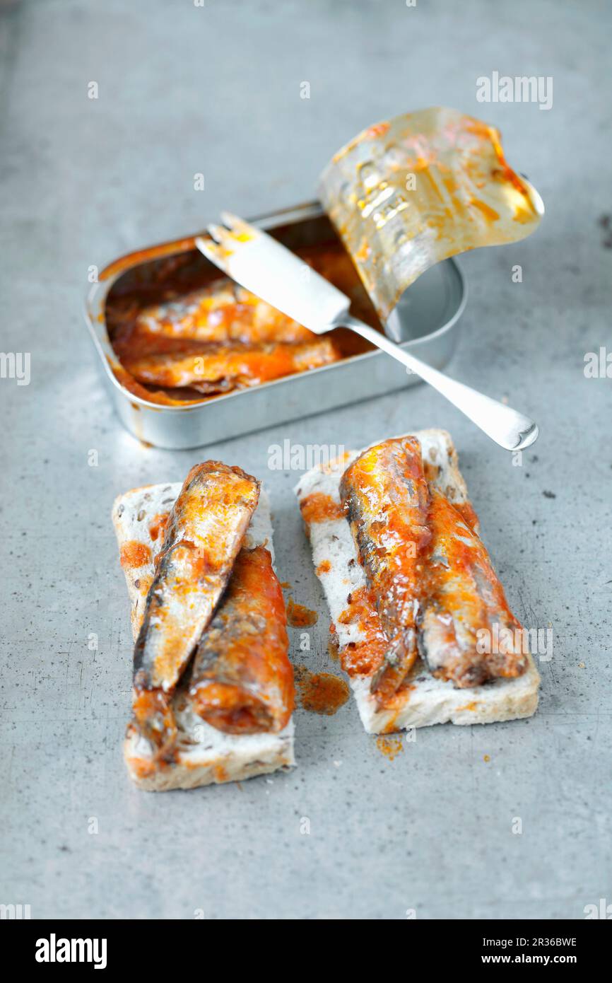 Toast with sardines in tomato sauce Stock Photo Alamy