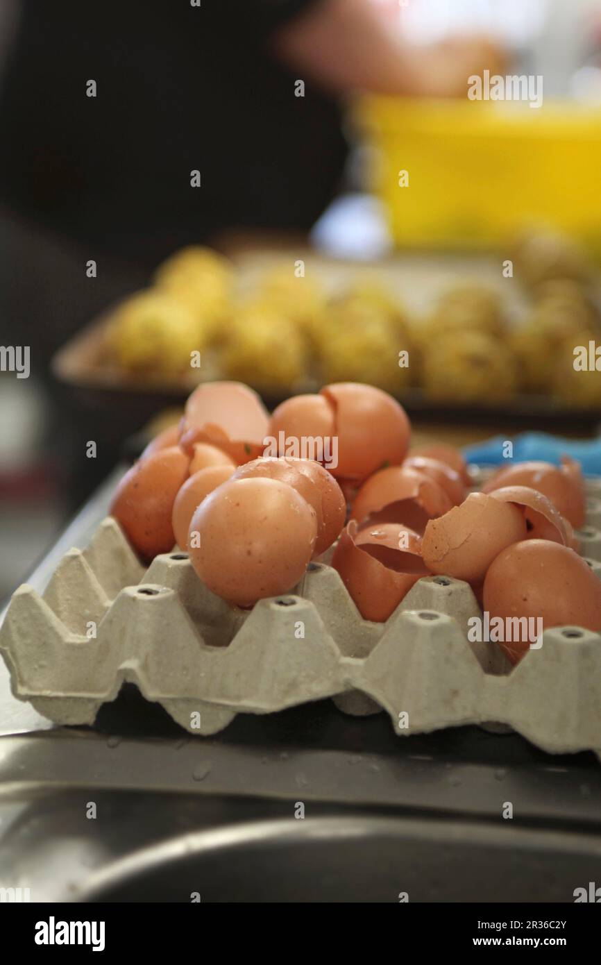Empty eggshells in an egg box Stock Photo