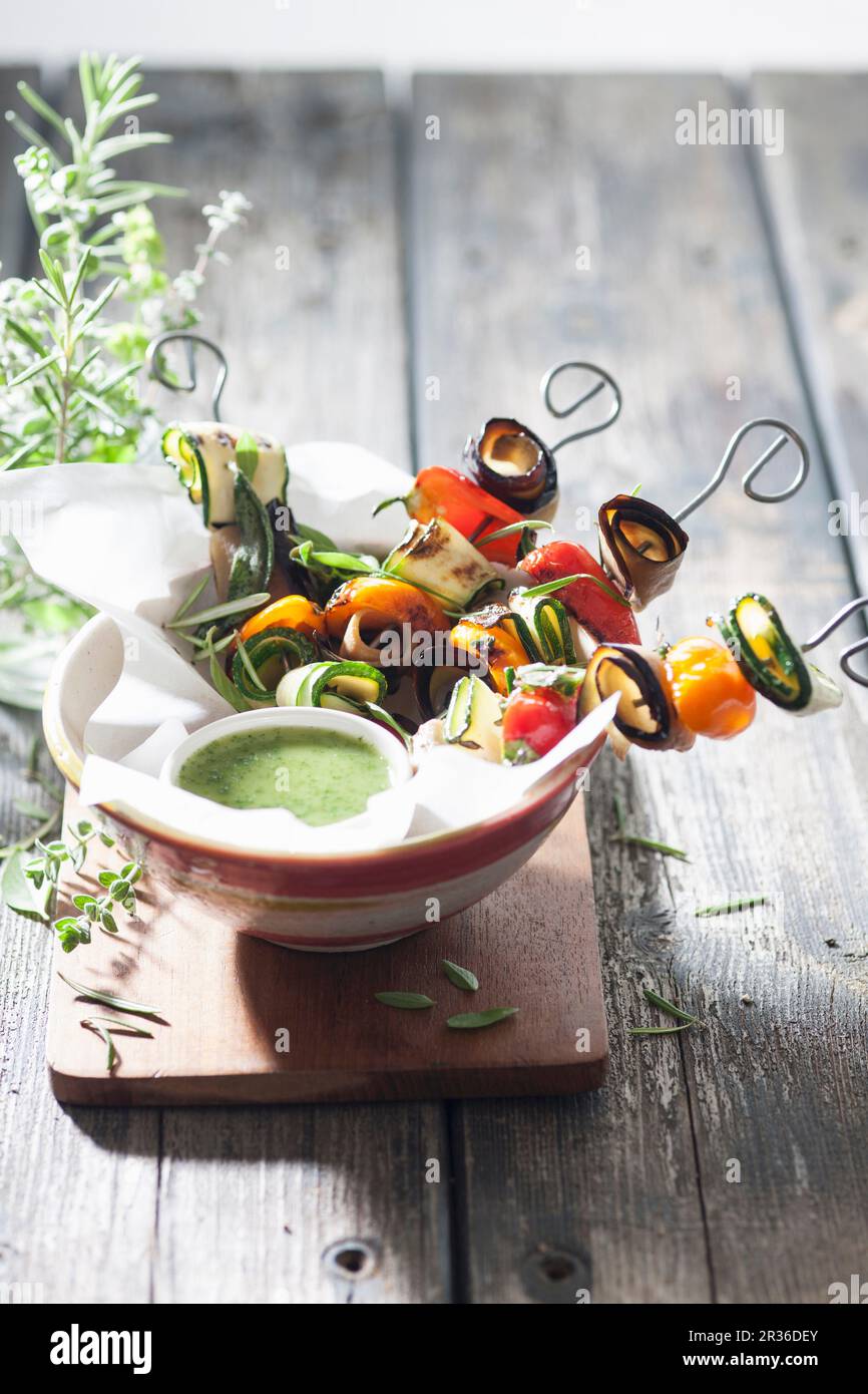 Vegetable kebabs with mint sauce Stock Photo Alamy