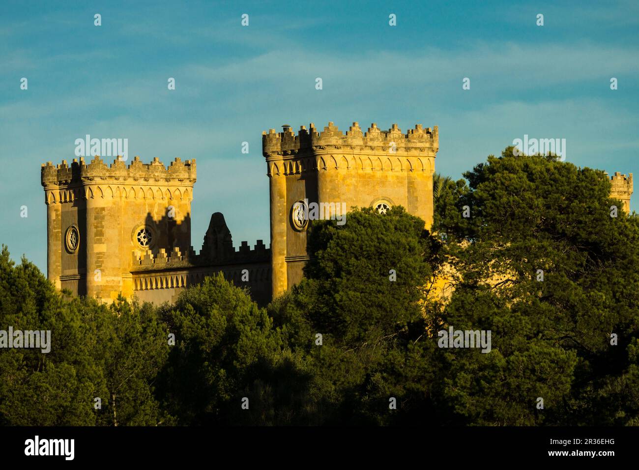 Bendinat Castle, built in the nineteenth century by the Marquis de la Romana following the Gothic style, Bendinat, Calvia, Mallorca, Balearic Islands, Spain. Stock Photo