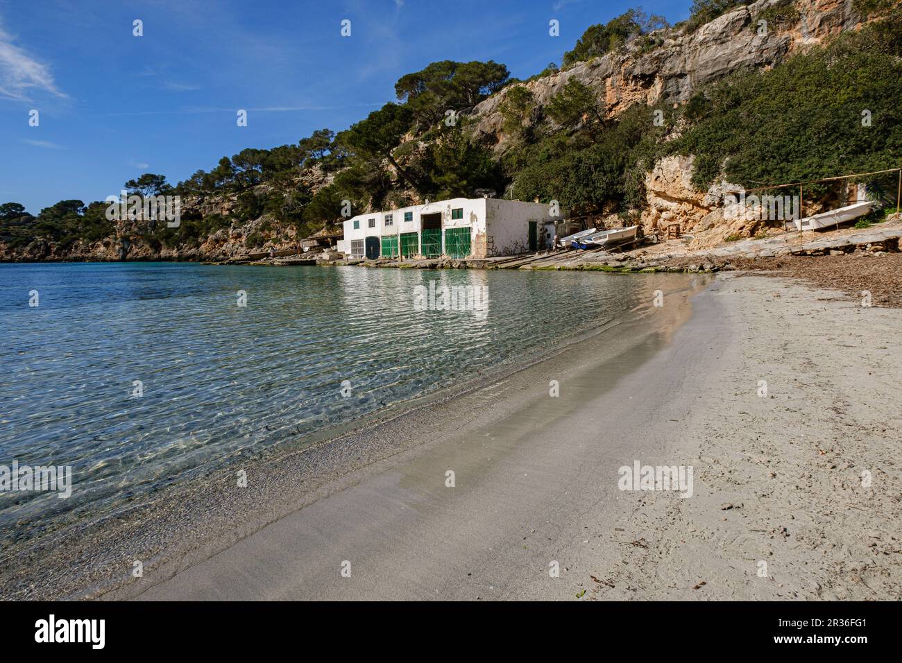 typical Mallorcan jetty, Cala pi, Llucmajor, Mallorca, Balearic Islands, Spain. Stock Photo