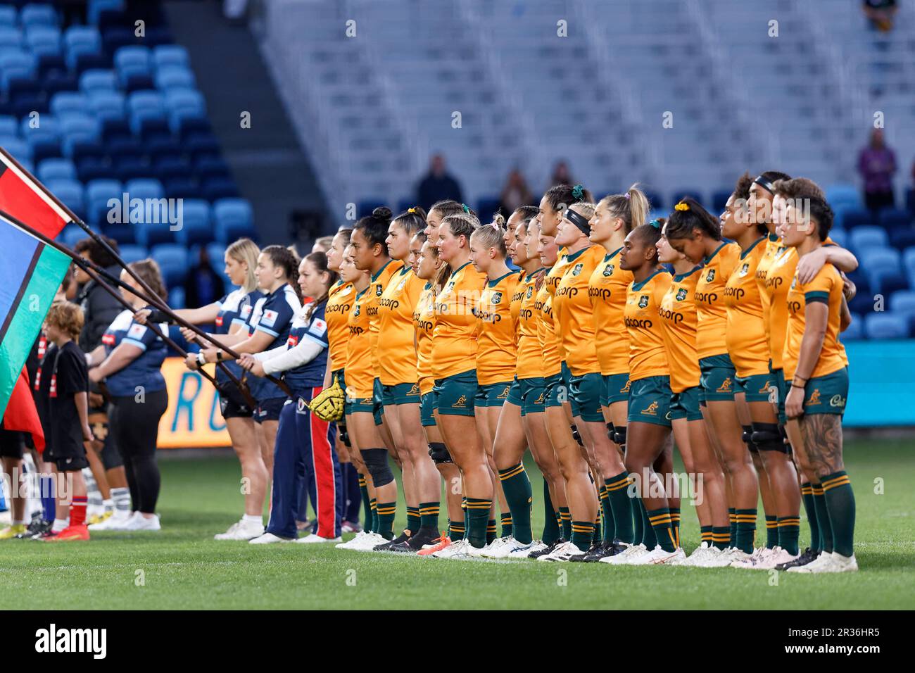 The Australian Wallaroos line up for the national anthems before the ...