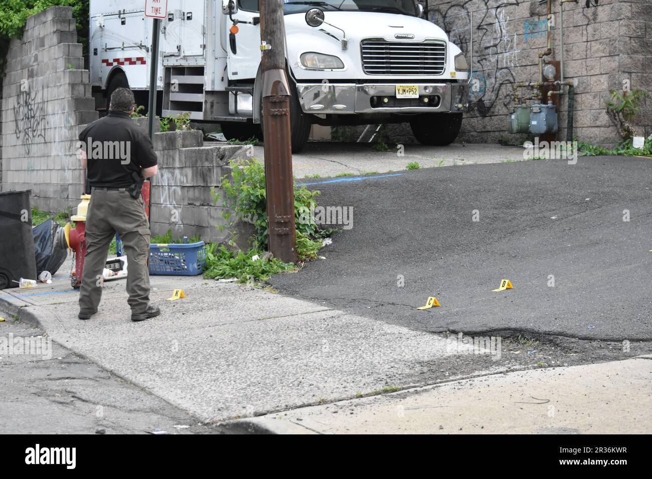 Paterson, United States. 22nd May, 2023. Several evidence markers at