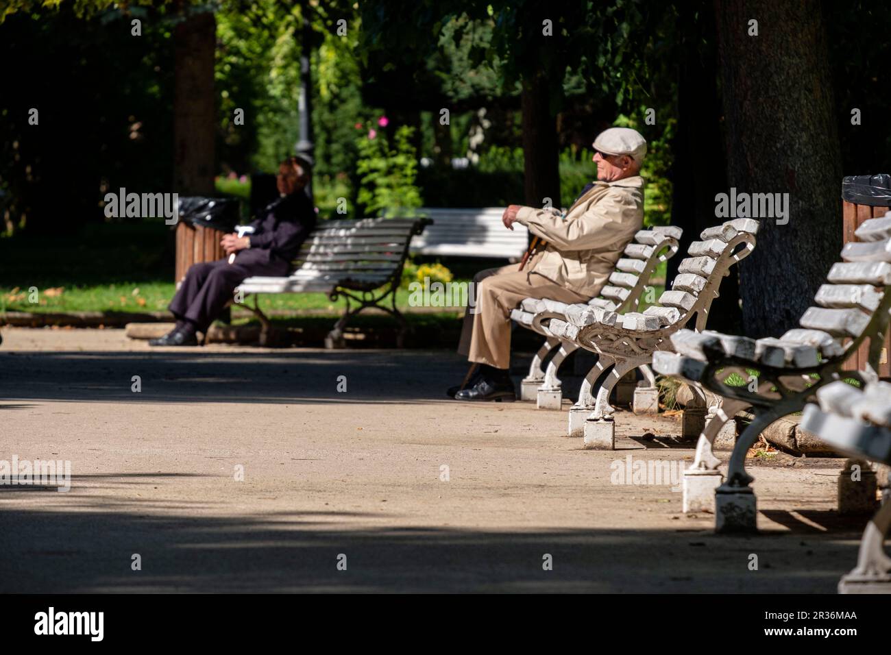 anciano descansando al sol, parque de la Alameda de Cervantes, La Dehesa, Soria, Comunidad Autónoma de Castilla, Spain, Europe. Stock Photo
