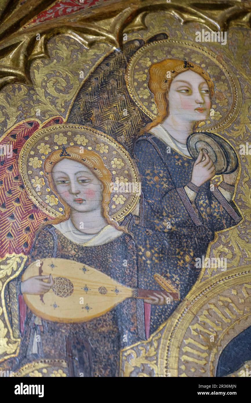 angels with lute and angel with cymbals, Mother of God of humility with musical angels altarpiece, Francesc Comes, 1390-94, Parish of La Mare de Deu dels Angels, pollensa museum, Majorca, Balearic Islands, Spain. Stock Photo