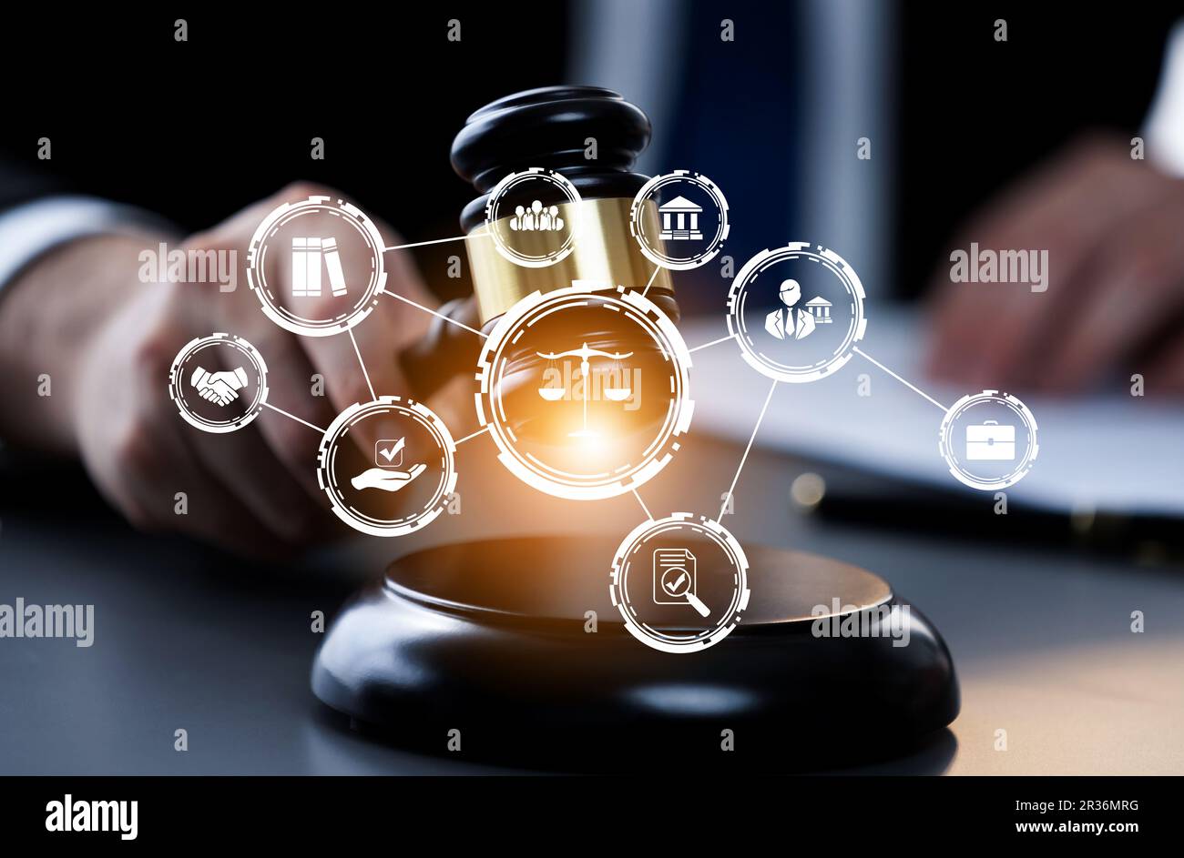 Smart law, legal advice icons and lawyer working tools in the lawyers