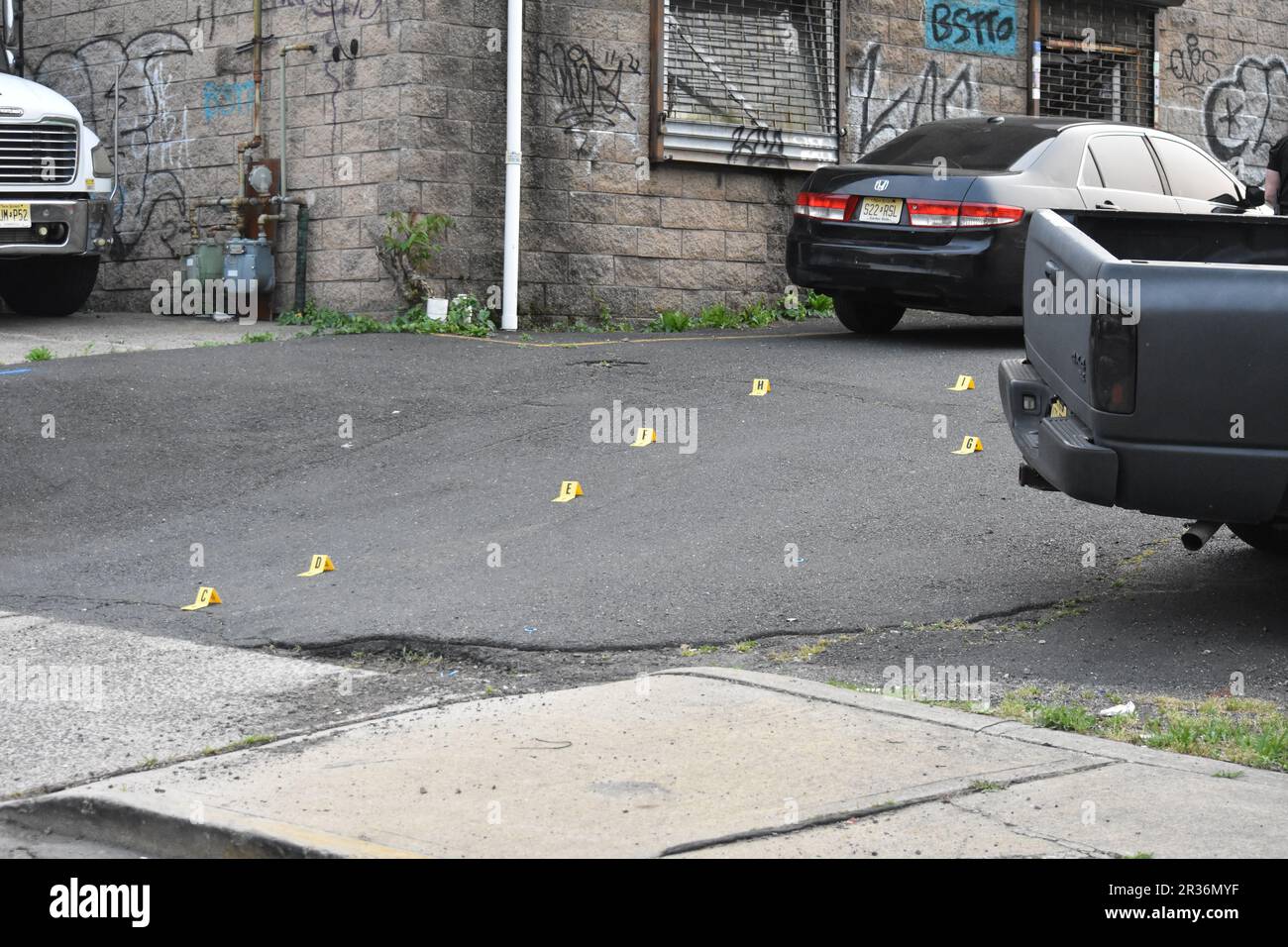 Paterson, United States. 22nd May, 2023. Several evidence markers at