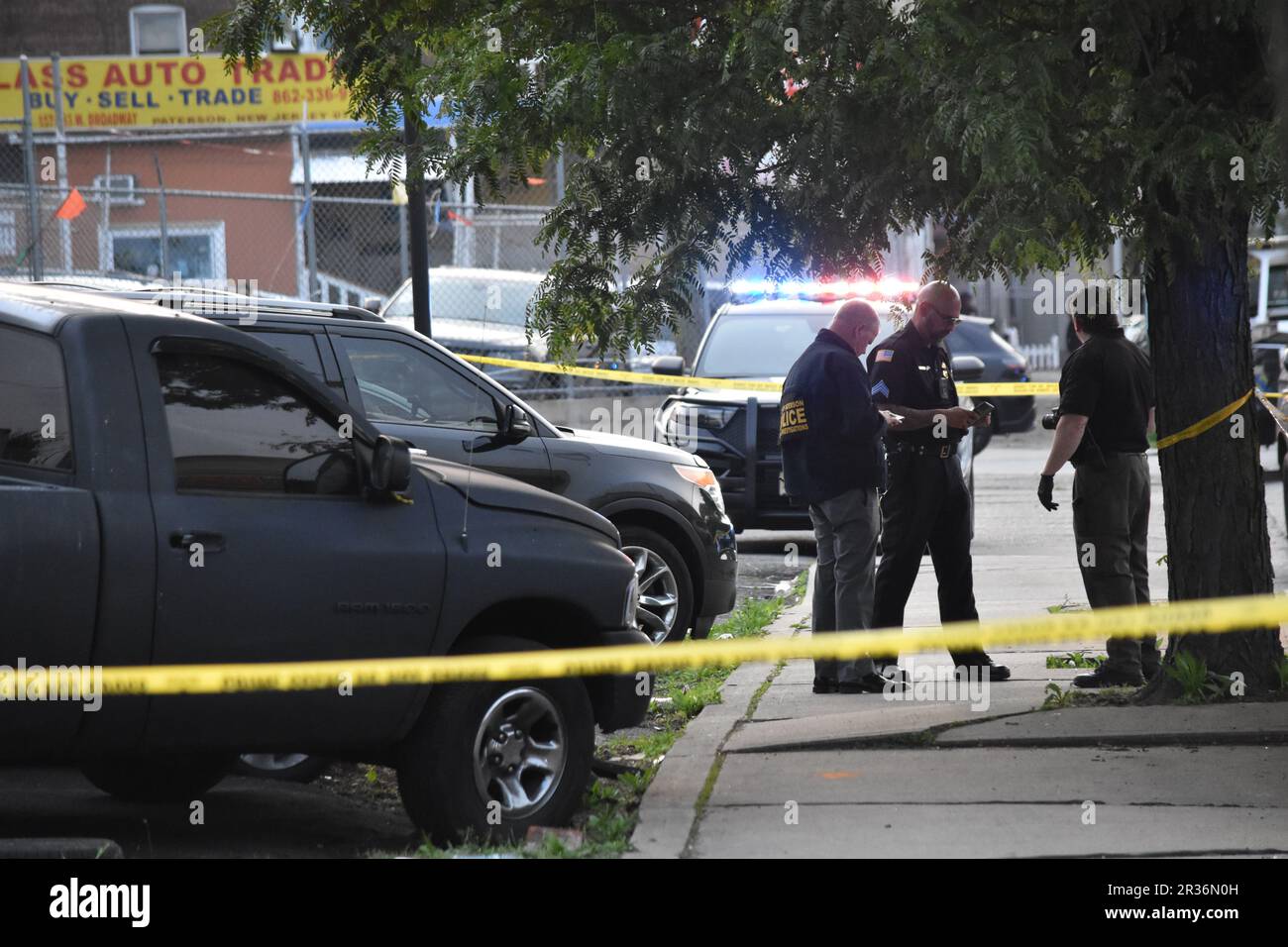 Paterson, United States. 22nd May, 2023. Police officers at the crime