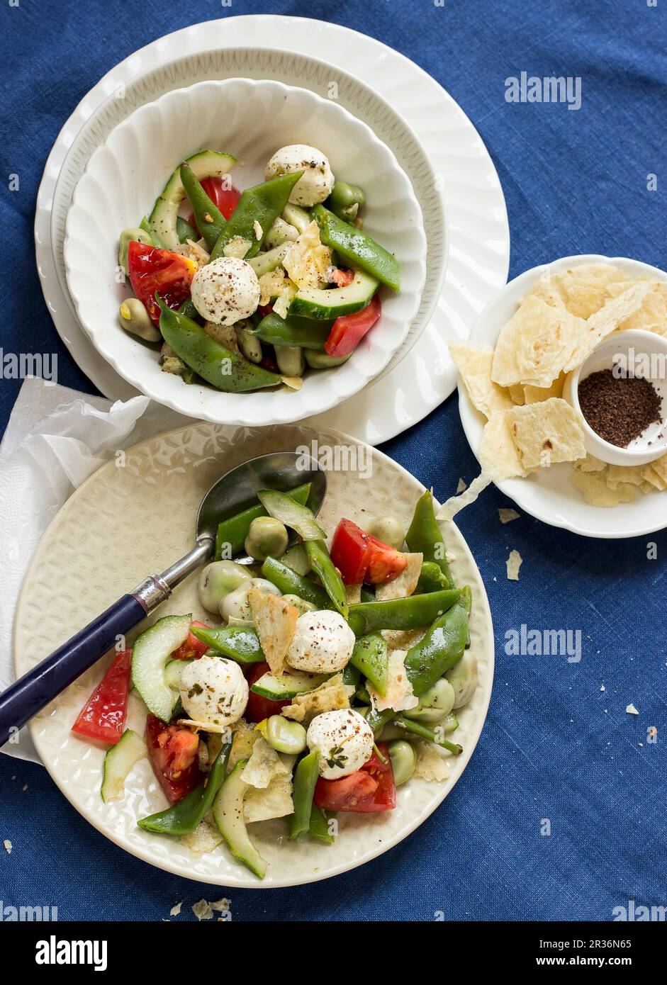 Fattoush salad with broad beans, tomato, cucumber, labneh cheese and pita bread Stock Photo Alamy