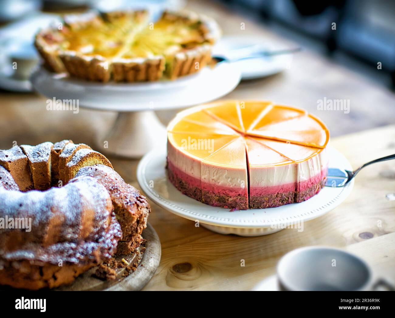 A cake buffet wuth three different cakes Stock Photo