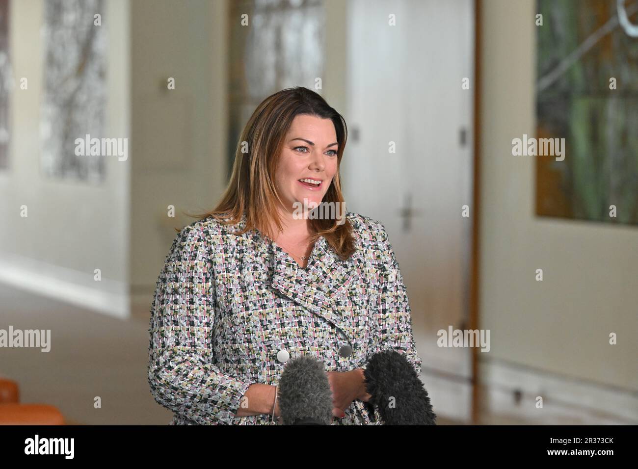 Greens Senator Sarah Hanson-Young at a press conference at Parliament ...