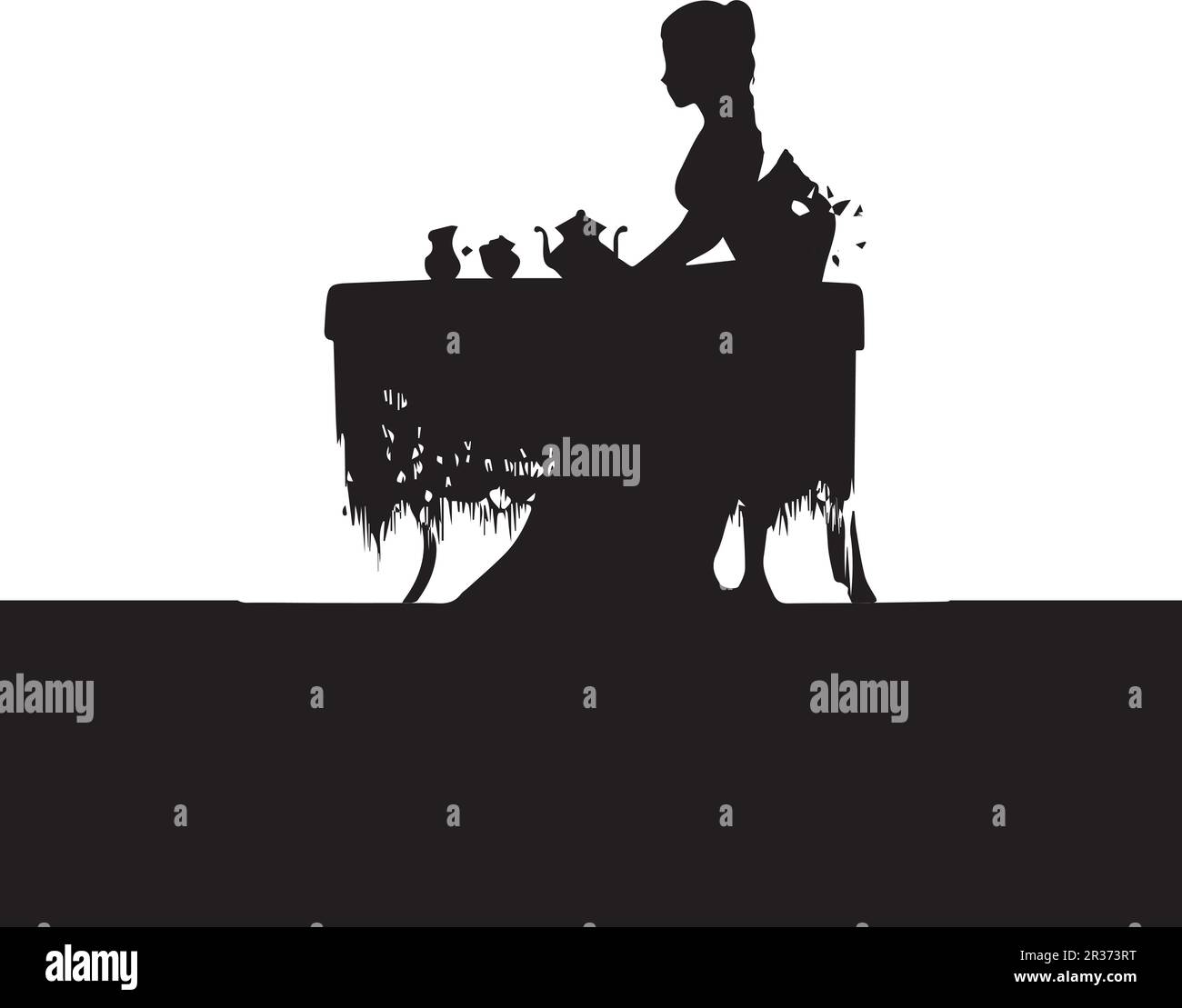 A woman sits at a table with a white background silhouette vector. Stock Vector