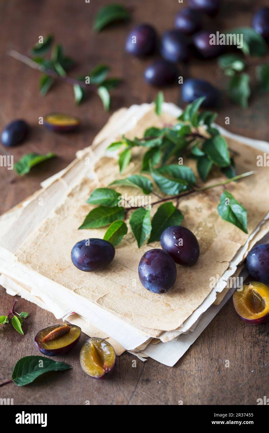Plums and an old recipe notebook Stock Photo