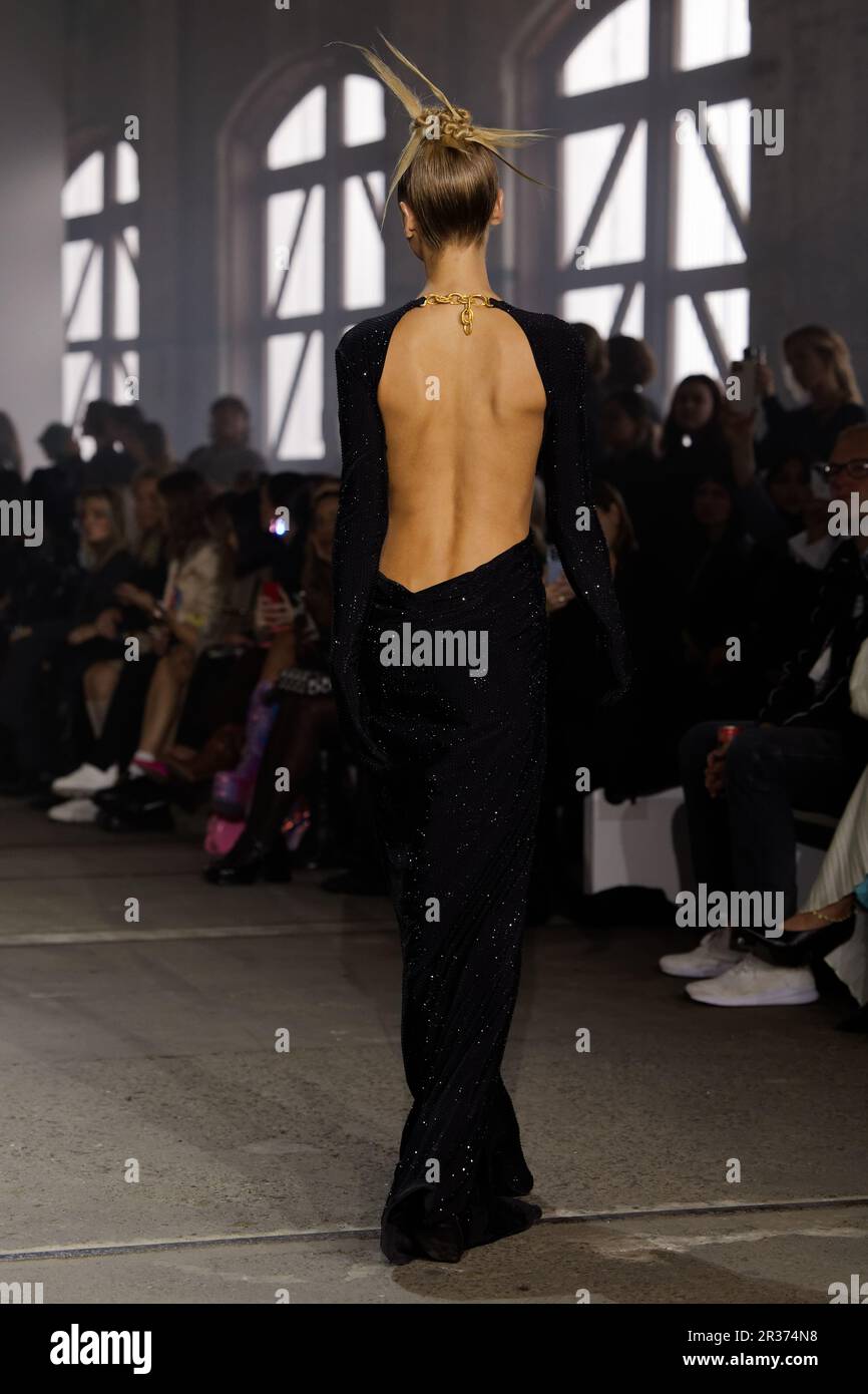 A model walks the runway during the YOUSEF AKBAR show during the Afterpay Australian Fashion Week 2023 at Carriageworks on May 15, 2023 in Sydney, Aus Stock Photo