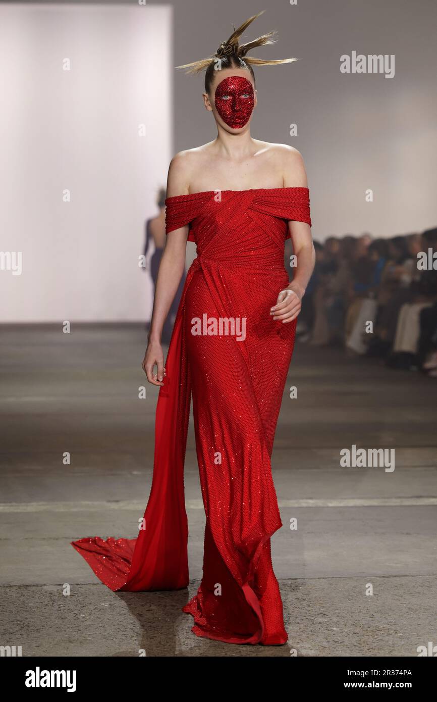 A model walks the runway during the YOUSEF AKBAR show during the Afterpay Australian Fashion Week 2023 at Carriageworks on May 15, 2023 in Sydney, Aus Stock Photo