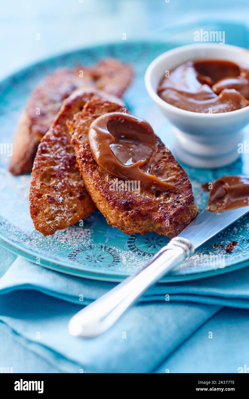 French toast with milk and jam Stock Photo