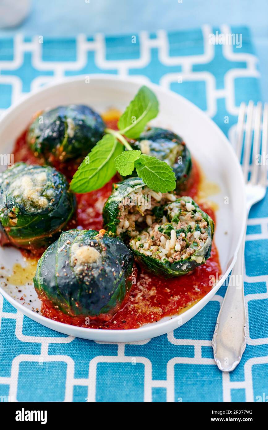 Chard balls with rice mince filling (Greece) Stock Photo