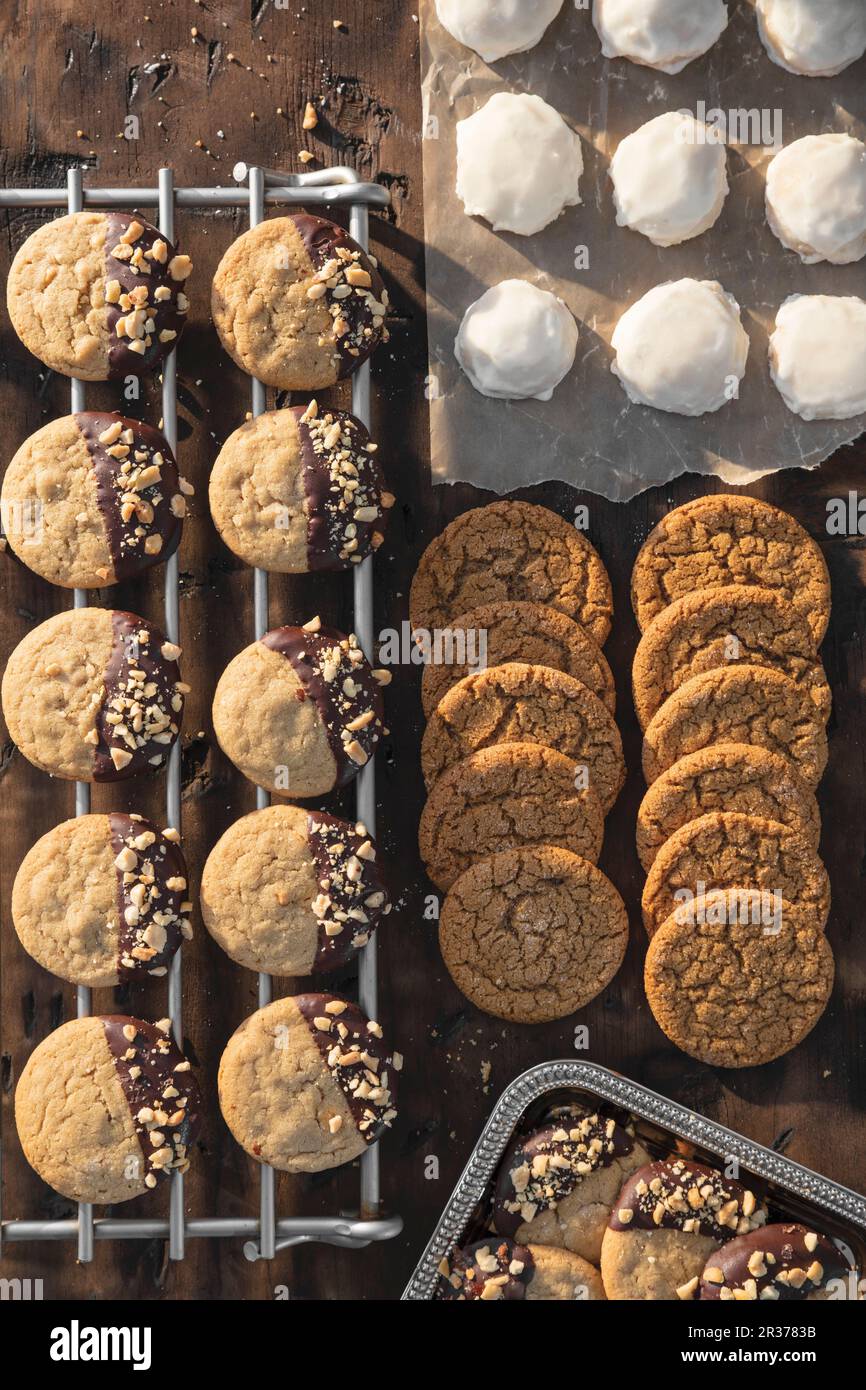 Melt in Your Mouth Lemon Sugar Cookies, Soft Ginger Molasses Cookies and Dipped Peanut Butter Cookie Stock Photo