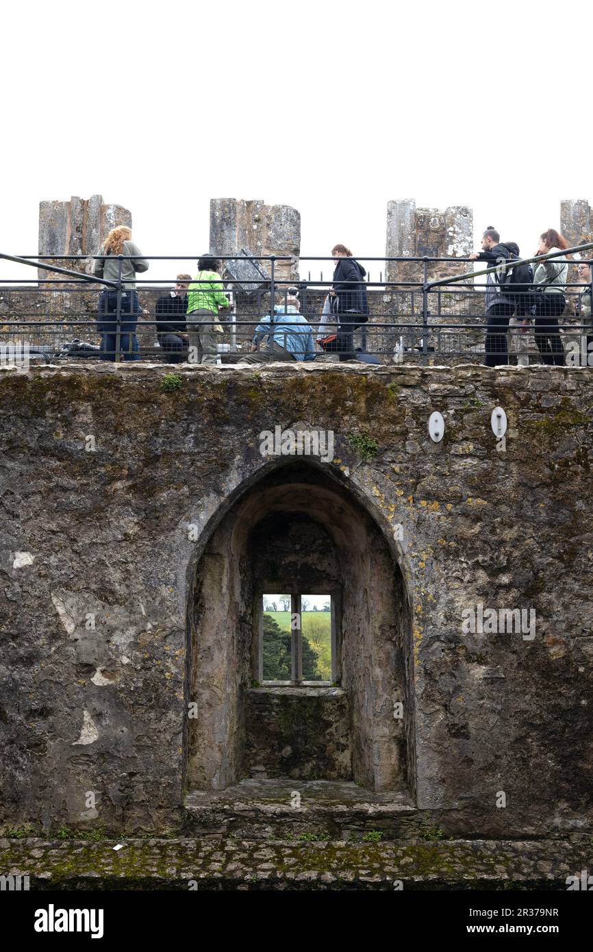 People waiting in line to kiss the Blarney stone at the top of Blarney ...