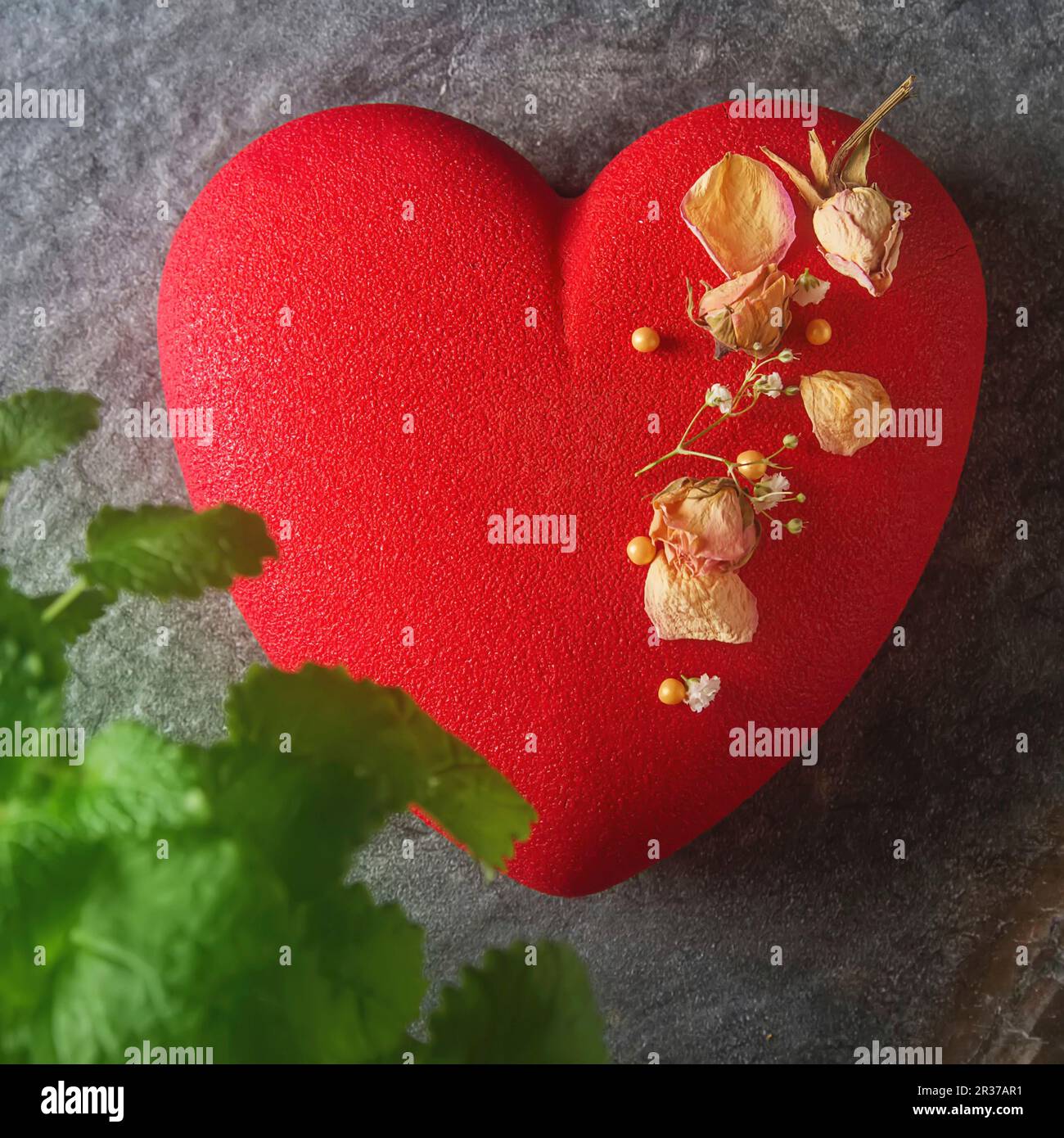 A romantic heart-shaped mousse cake for Valentine's Day Stock Photo