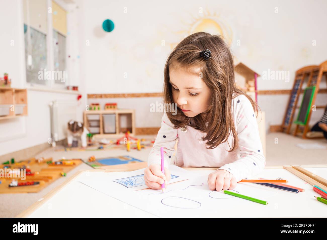 Drawing lesson in kindergarten stock photo alamy