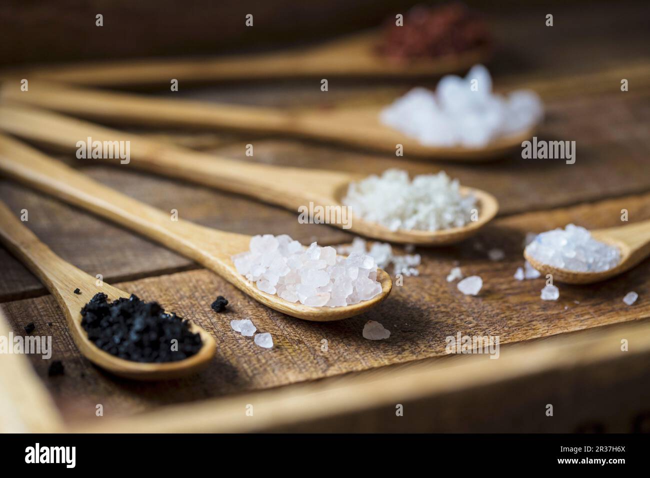 Different types of food coarse Salt in wooden spoons on dark background ...