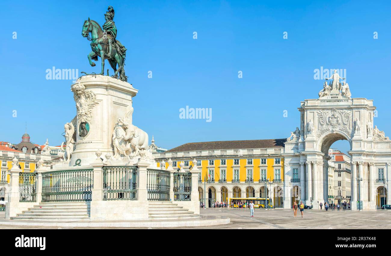 Praca do Comercio and equestrian statue of King Jose I, Baixa, Lisbon, Portugal Stock Photo