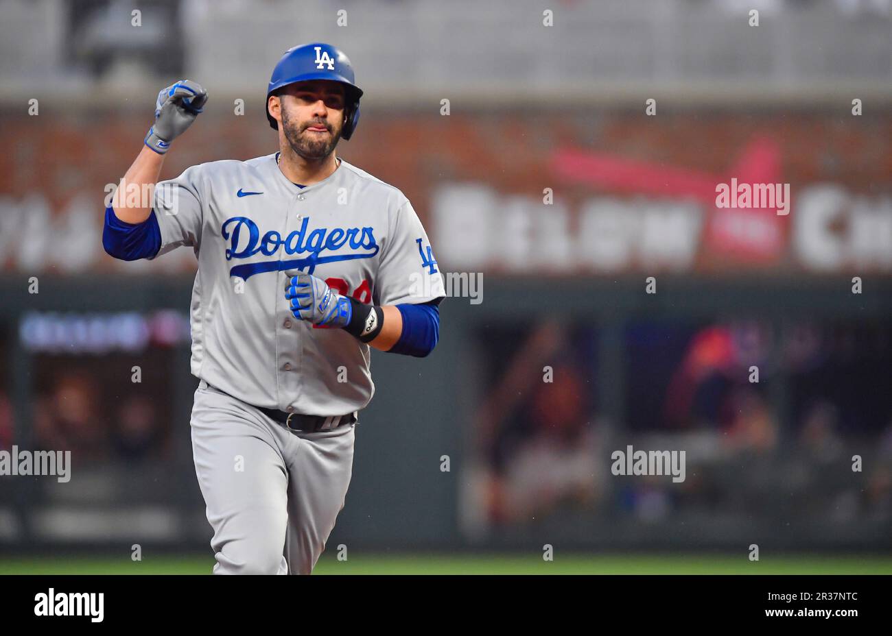 May 22, 2023: Los Angeles Dodgers designated hitter J.D. Martinez  celebrates as he heads towards third base after hitting a home run during  the second inning of a MLB game against the