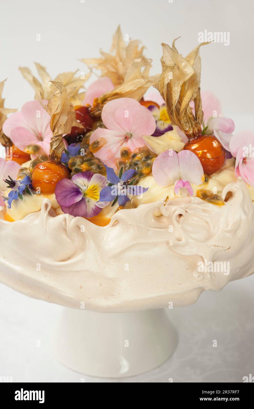 A meringue cake garnished with flowers and caramelised physalis Stock Photo