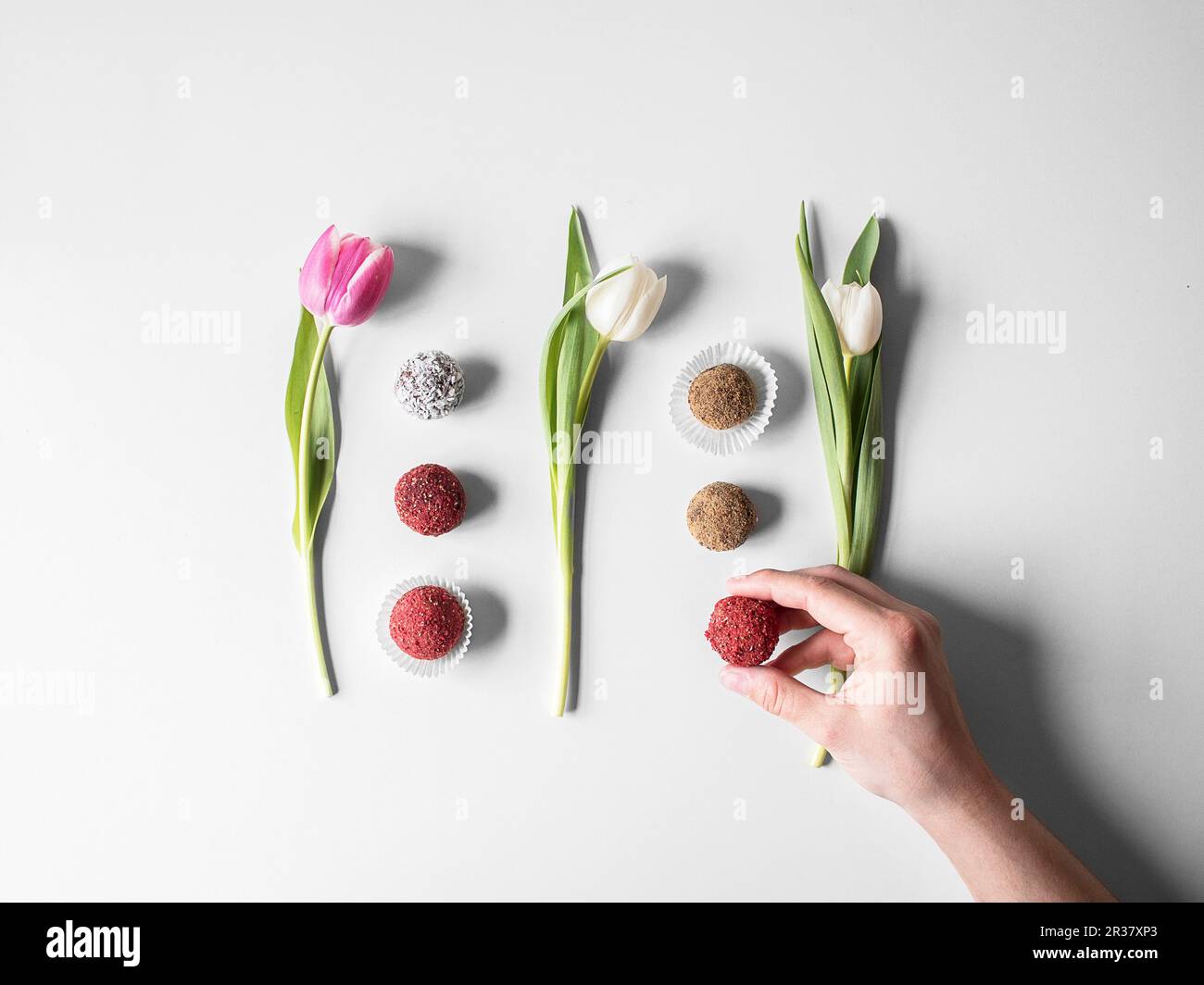 Various pralines arranged between tulips (seen from above) Stock Photo