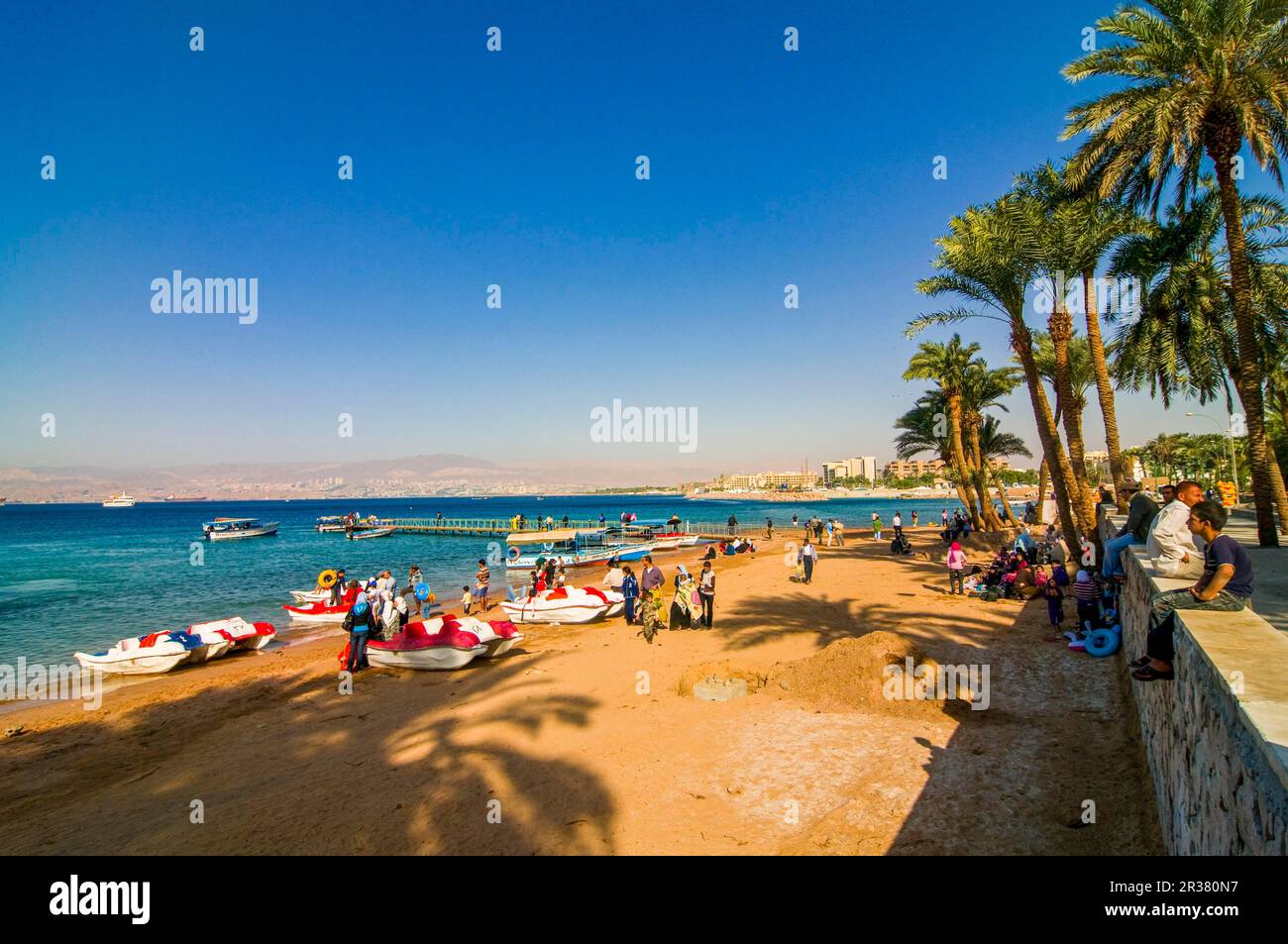 Bay at Aqaba with sand beach, Jordan Stock Photo