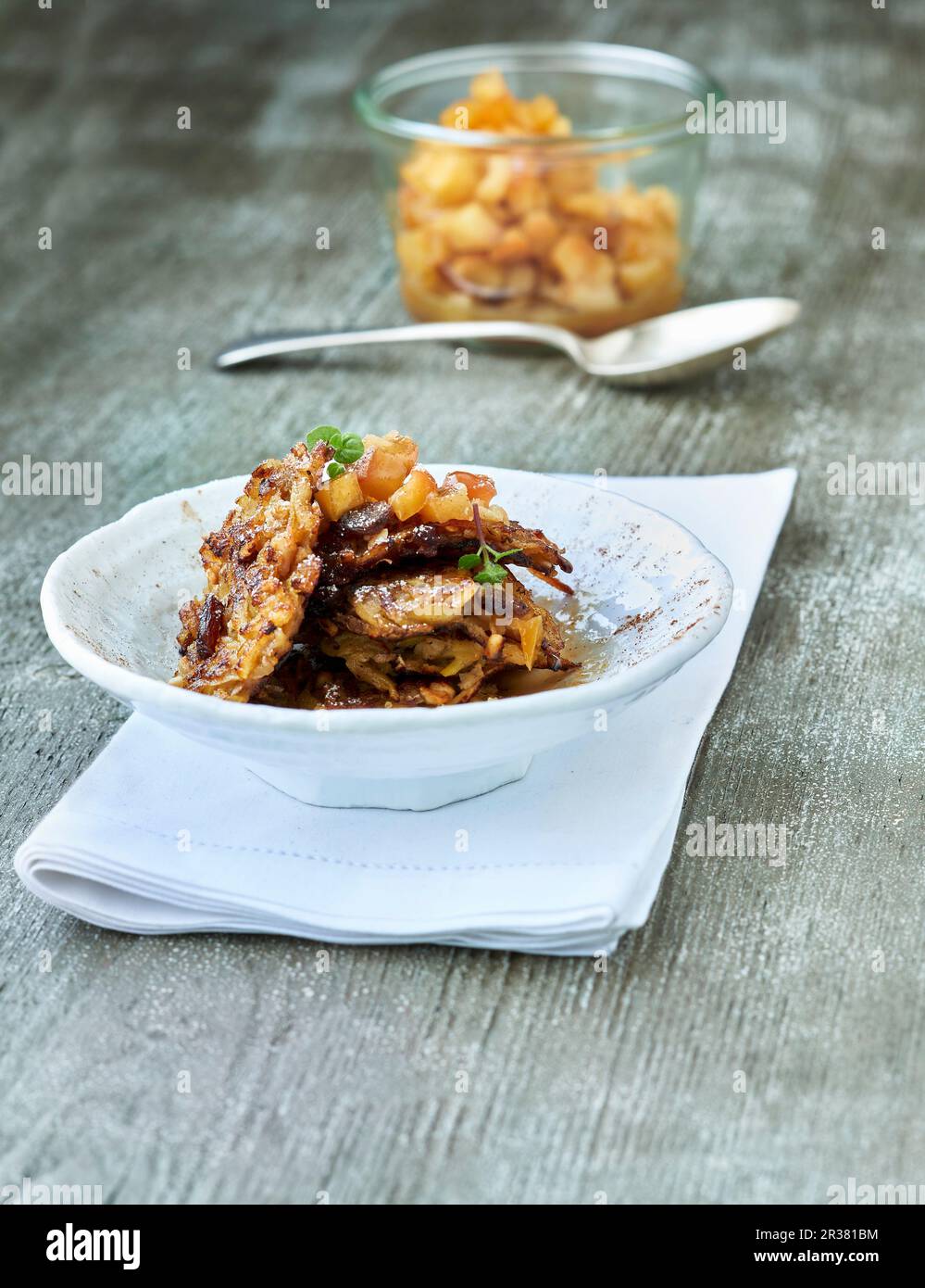 Sweet potato fritters with amaretto, apple cubes and cinnamon sugar