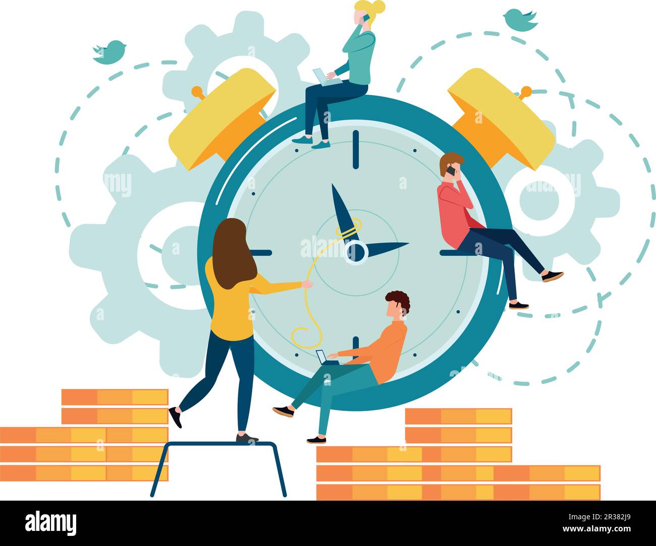 Vector illustration, the alarm clock is ringing on a white background, the concept of working time management, quick response to awakening, transfer Stock Vector
