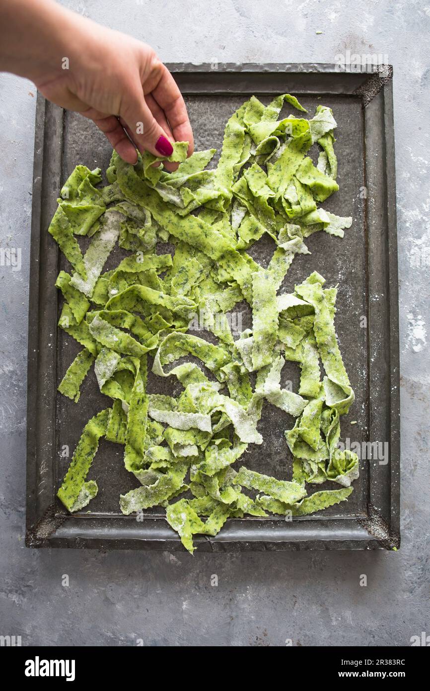 View of Homemade wild garlic tagliatelle Stock Photo - Alamy