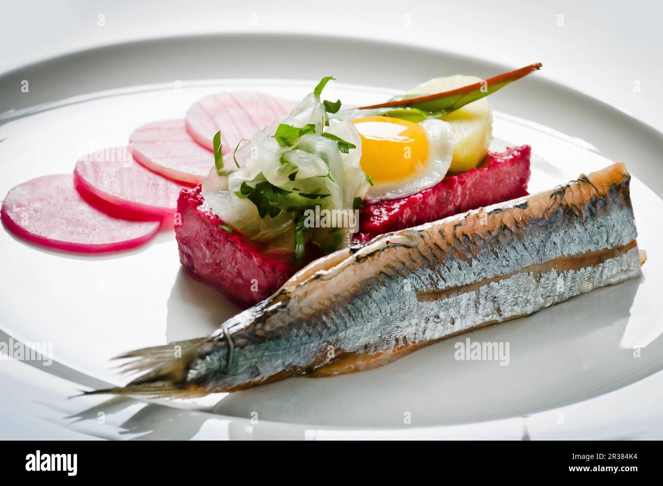 Labskaus with herring and a fried egg (Hamburg, Germany) Stock Photo