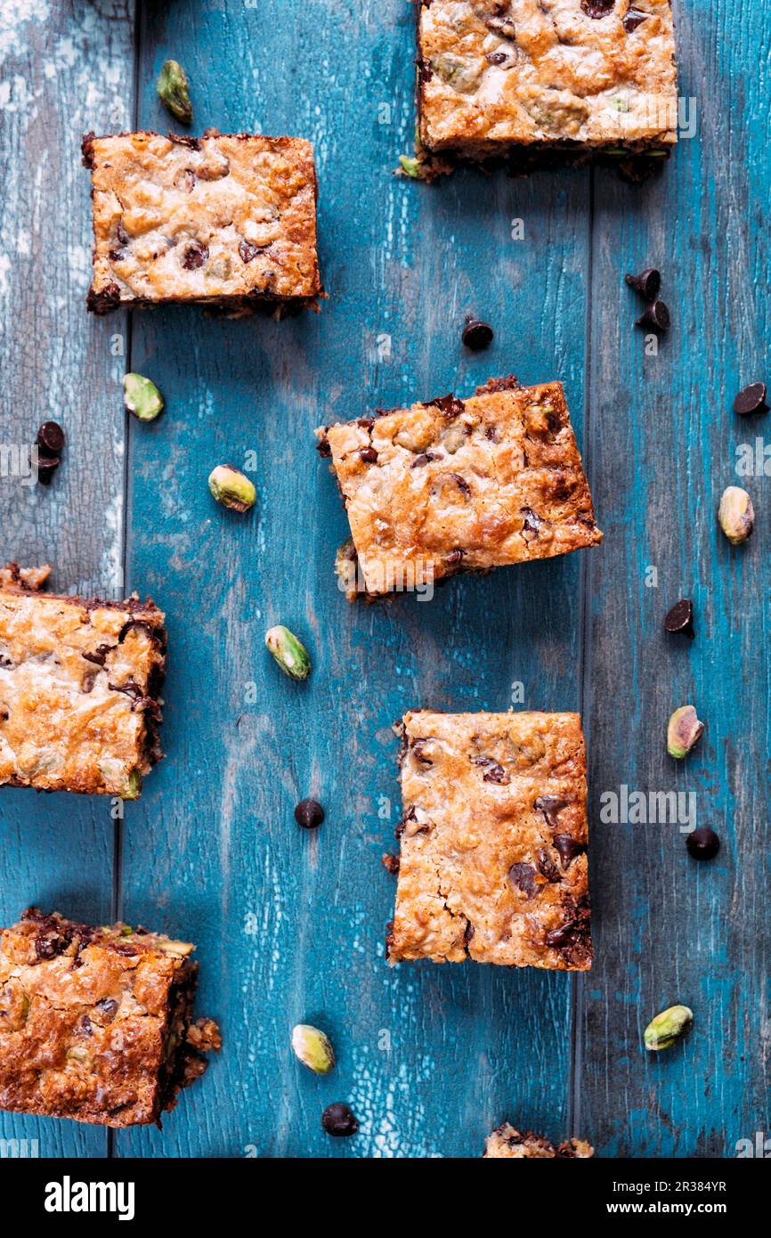 Chocolate chip and pistachio nut bars Stock Photo Alamy