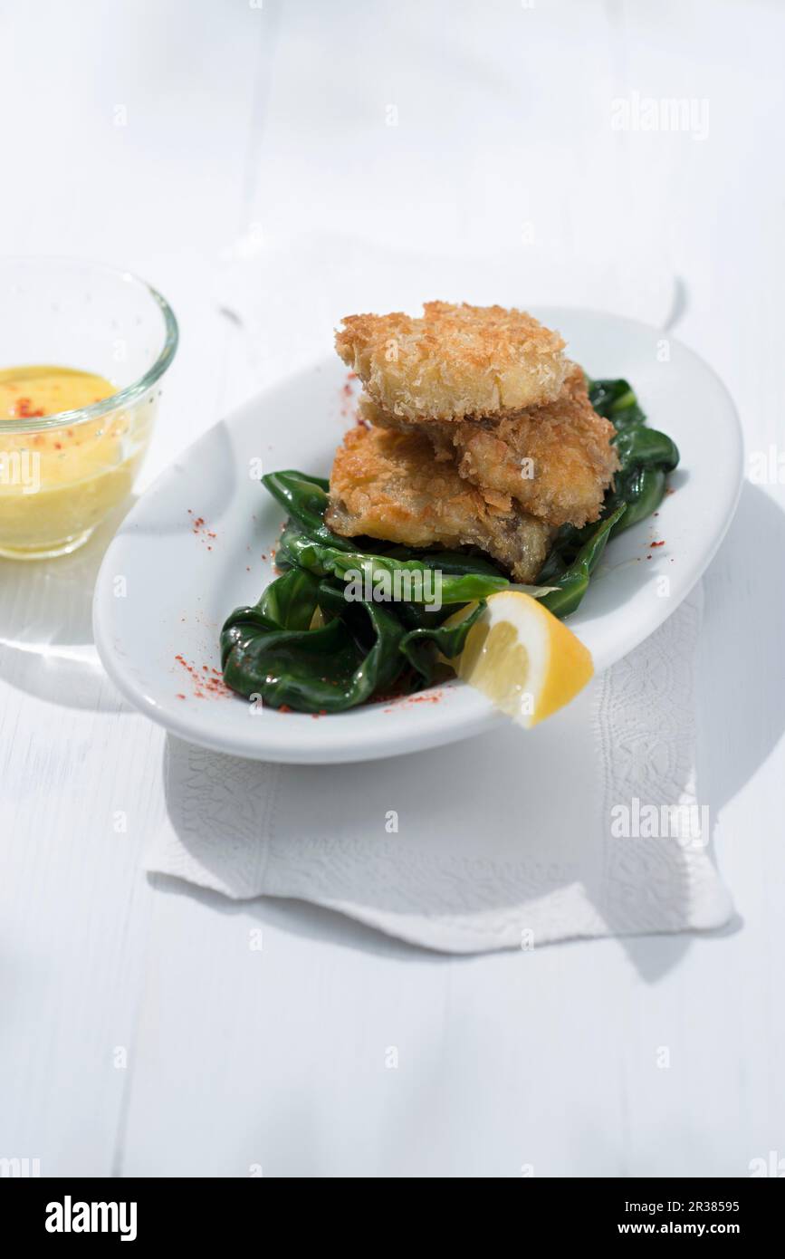 Baked chard stems with chard salad and rouille (Southern France) Stock Photo