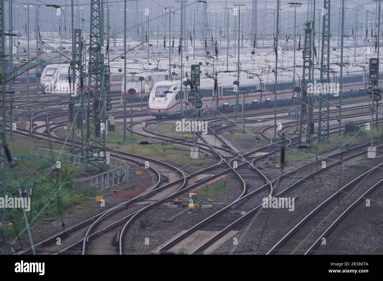 Hamburg, Germany. 23rd May, 2023. ICE trains stand on the tracks of the