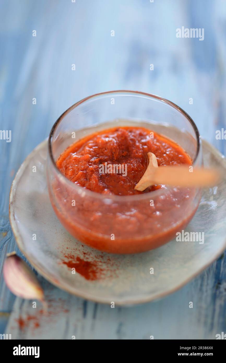 Red mojo sauce in a glass bowl (Canary Islands, Spain) Stock Photo
