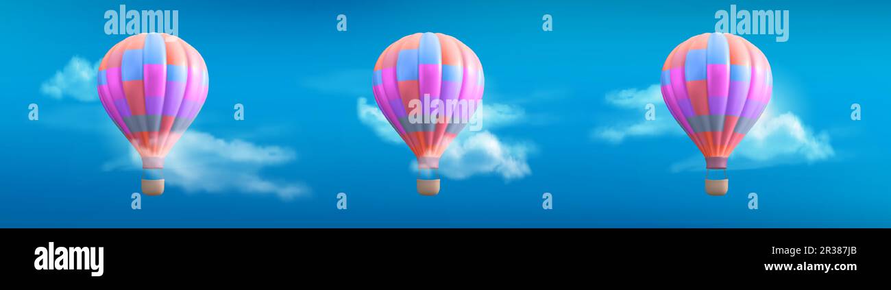 Realistic set of 3D colorful hot air balloons in blue sky with white clouds. Vector illustration of blue, pink and orange aircraft with basket for recreation travel, flight adventure. Seamless pattern Stock Vector