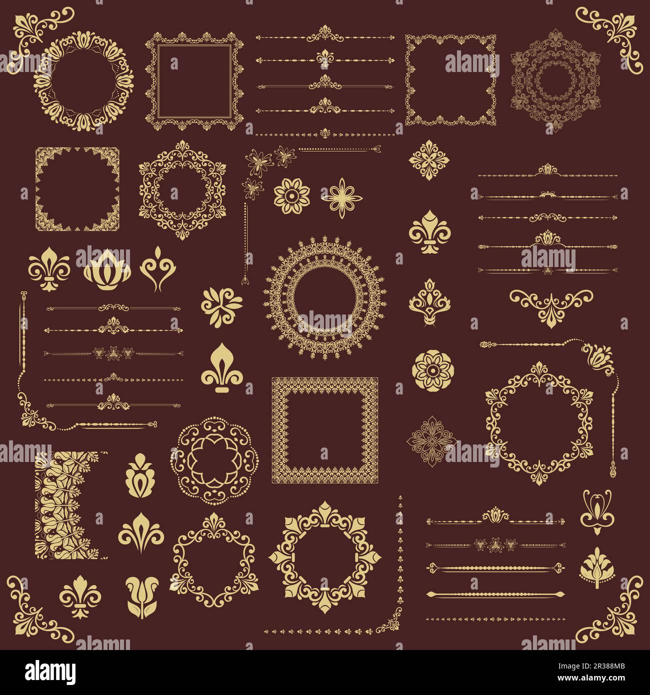Vintage set of vector horizontal, square and round elements. Golden ...