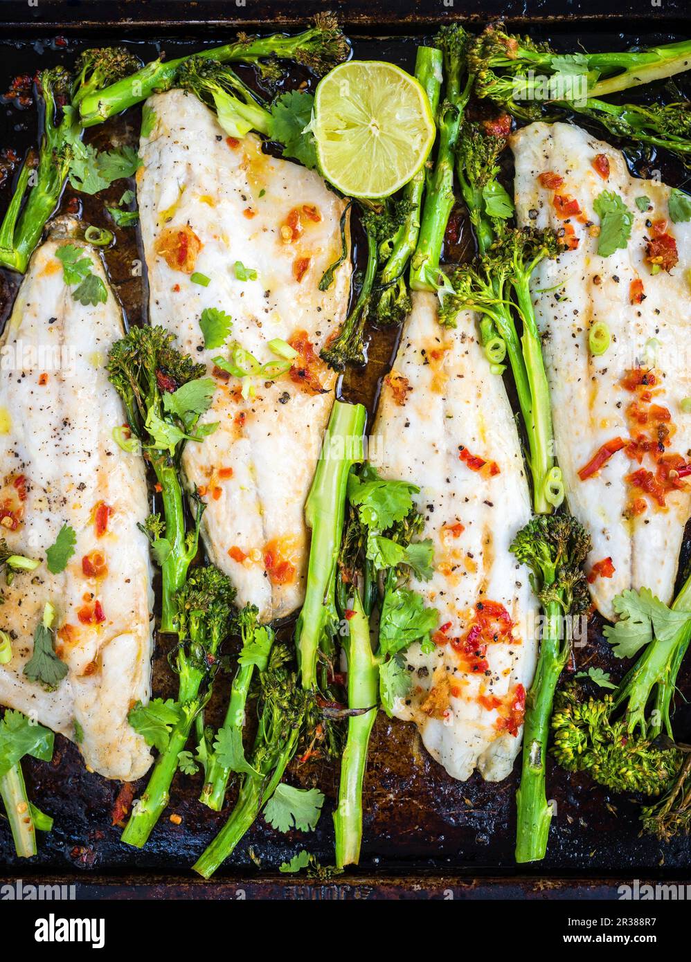 Oven baked sea bass with broccoli (Asia Stock Photo Alamy