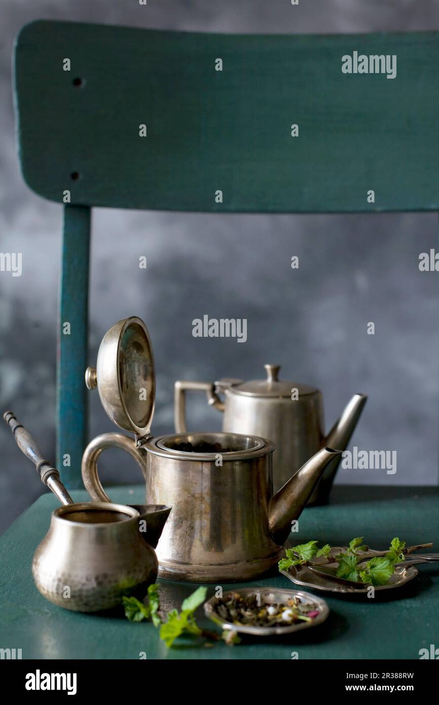 Silver teapots for making tea Stock Photo Alamy