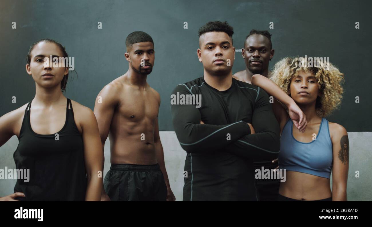 Sports, fitness and portrait of men and women in gym for training ...