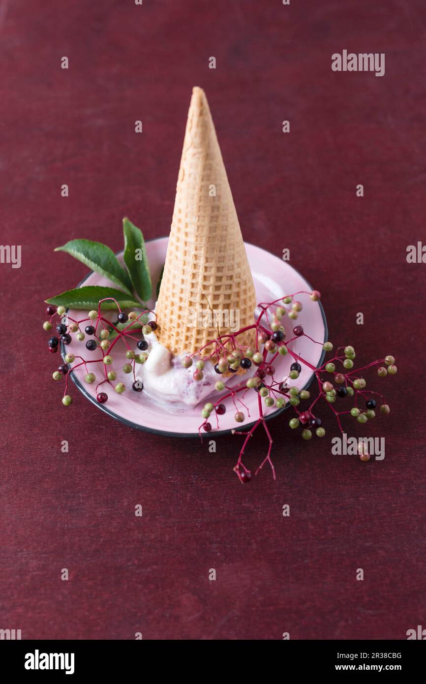 An upside down ice cream cone with elderberry ice cream Stock Photo Alamy