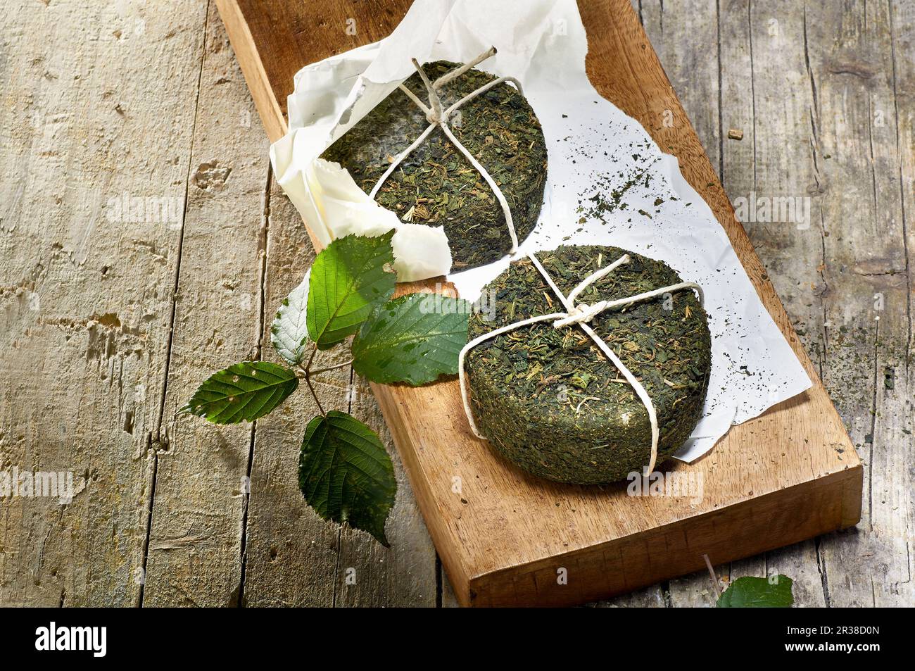 Two pecorino cheeses with stinging nettle rind on a wooden board Stock Photo
