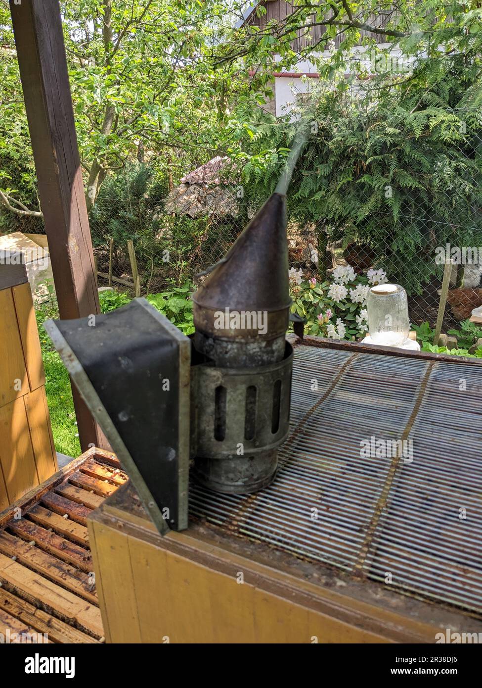 Chimney for flashing bees. The beekeeper's tool. Bee smoker smoking.Bee smoker is used to calm bees before frame removal. Stock Photo